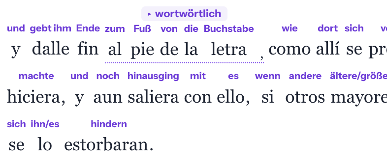 Studio-Text mit der gemeinsamen Stütze wortwörtlich über dem Ausdruck al pie de la letra