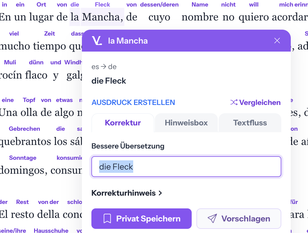 Studio-iSpicker für Mancha mit der bisherigen Bedeutung Fleck und geöffnetem Bereich Korrektur