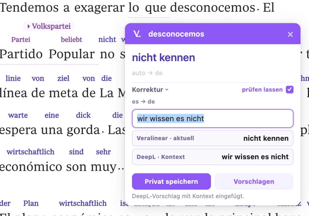 VeraLinear iSpicker mit direkter Wortübersetzung im Browser